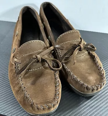 Minnetonka Womens Size 9 Brown Suede Moccasins Leather Studded Concho 389 Shoes • $24.99