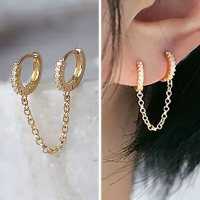 £2.75 • Buy Double Hoop Huggie Rhinestone Crystal With Chain Drop Dangle Earrings TR FT
