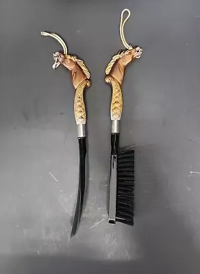 Vintage Horse Head Shoe Horn And Brush Set Equestrian 11  Black  Tan Gold • $8