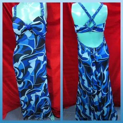 DAVE & JOHNNY By LAURA RYNER Blue Pattern Long Evening Dress UK 16 • £59.99