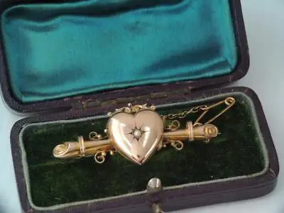 Antique Victorian Solid 9k Gold & Seed Pearl Mourning Heart Photo Locket Brooch • $265