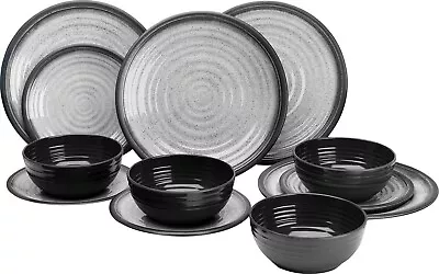 £39.99 • Buy Melamine Crockery Dinner Set Granite Grey 12 Piece Caravan Camping Picnic 