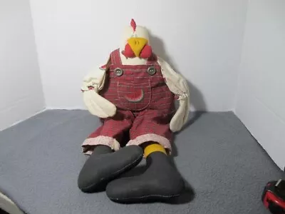 Hand Crafted Farmer Rooster Shelf Sitter Plush Muslin Plaid Overalls 19  • $19.99