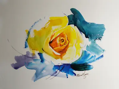 $25 • Buy EUNTIQUE - Original Yellow Rose Flower Painting By American Artist EUNTIQUE