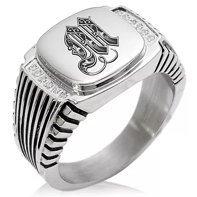 Stainless Steel Mens Royal Monogram Initial CZ Striped Biker Style Signet Ring • $15