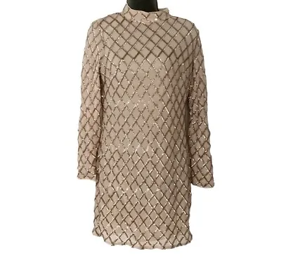 NEW Quiz Nude Mesh And Gold Sequin High Neck Dress Size 12 Party Evening • £29.99