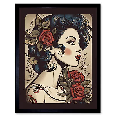 Pin Up Girl Tattoo Floral Retro Rockabilly 50s Framed Art Picture Print 9X7 In • £13.49