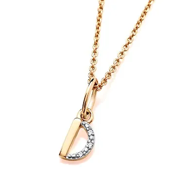 9ct Yellow Gold D Initial Real Diamond Pendant Necklace + 18 Inch Chain • £49.95