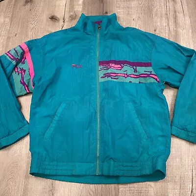 Vintage FILA Jacket Mens Large L Green Blue Purple 90s WindBreaker Full Zip • $12.50