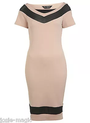 Miss Selfridge Bardot Mesh Bodycon Midi Dress 8 36 Dusky Nude Pink/Black Wedding • £19.95