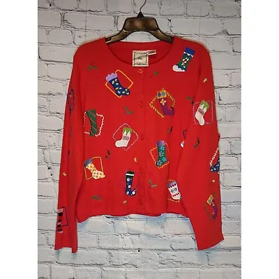 Vintage Michael Simon Lite Cardigan Christmas Sweater XL  Red • $74.95