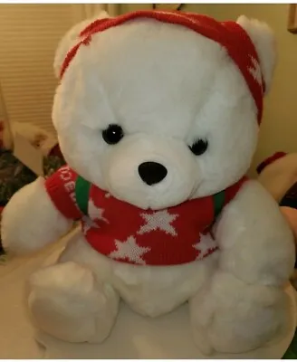 MARSHALL FIELDS White Mistletoe Bear 1990 Christmas Plush Backpack 16  Stuffed  • $39.99