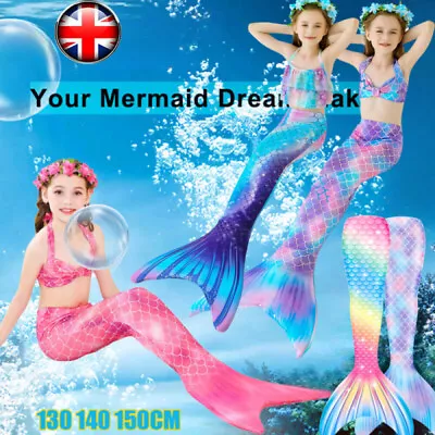 Kids Mermaid Tail With Monofin Swimmable Bikini Set Swimsuit Swimming Costume • £11.65
