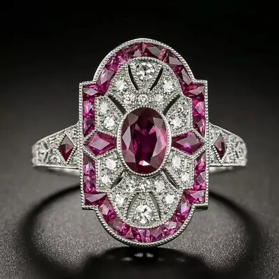 Vintage Art Deco Style Lab-Created Garnet Engagement 14k White Gold Finish Ring • $68.95