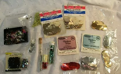 BIG MIXED LOT VINTAGE 1960-70's COUTURE SEQUINS PAILLETTES GOLD SILVER RED BEADS • $10.74