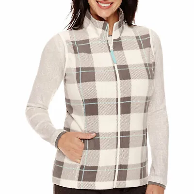 Made For Life Polar Fleece Vest Plaid Zip Teal Ivory Gray Check Women's Size PXS • $9.99