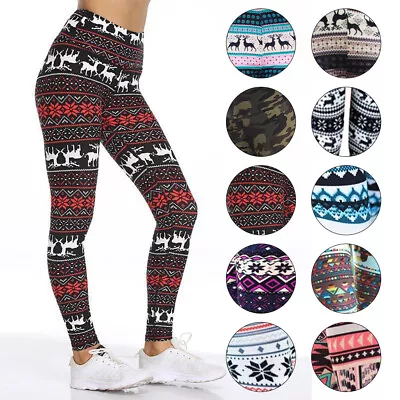 Women Christmas Leggings Snowflake&Reindeer Print Soft Stretch Pants Xmas Casual • $6.99