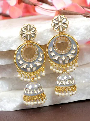 Indian Kundan Earrings Meenakari Jhumki With White Pearls Women Jhumka Jewelry • $13.99