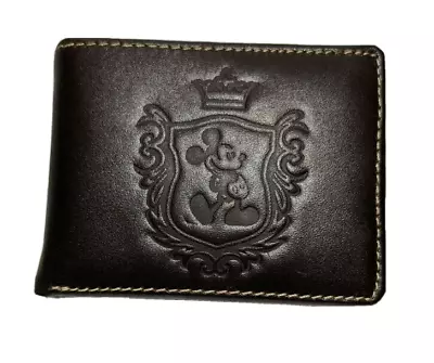 Disney Mickey In Royal Crest Brown Leather Mickey Mouse Wallet 6 Slot+ ID Window • $23