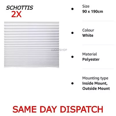 2 X  Schottis Pleated Folding White Blinds For Windows( No Drilling) 90x190cm • £14.99