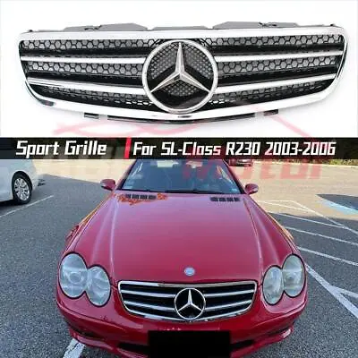 Chrome Black Sport Grille W/Emblem For Benz SL-Class R230 2003-2006 SL500 SL600 • $299