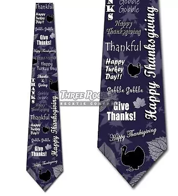 Happy Thanksgiving Turkey Leaves Collage- Navy Blue - Mens Tie New • $18.75