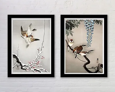 Set Of 2 Framed Japanese Sparrow Art Prints By Ohara Koson  Japan Aesthetic Art • £36.99