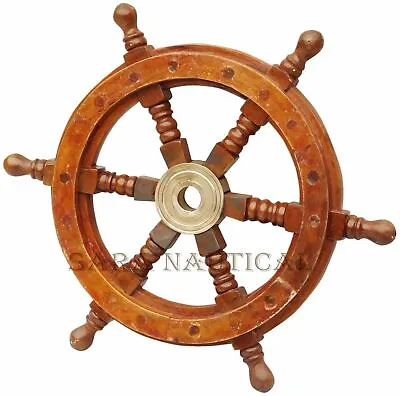 £34.80 • Buy Wooden 18  Nautical Ship Steering Wheel Pirate Decor Wood Brass Wall Boat Gift