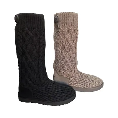 UGG Women's Classic Cardi Cabled Knit Tall Boots Black Grey 1146010 • $89.99