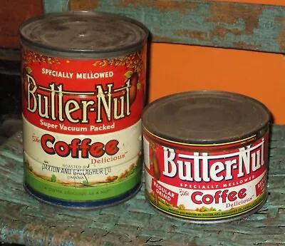 2 Vintage BUTTERNUT COFFEE TIN 2 & 1 Lb W Orig Key Wind Lids Great Graphics Cans • $49.95