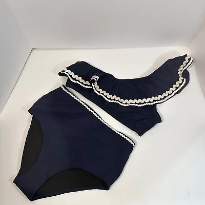 J.Crew Navy Bikini Rickrack One Shoulder Ruffle Swim Top High Waist Bikini Botto • $34.95