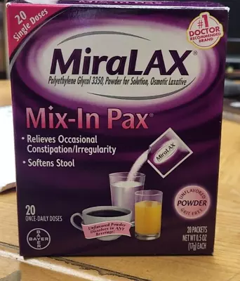 MiraLAX Mix-in Pax Laxative Single Dose Packets 20 Packets NEW • $18.95