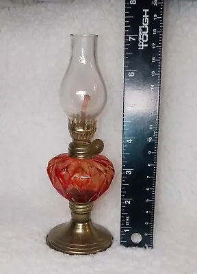 Miniature Antique Kerosene Oil Stand Lamp Patterned Red Glass • $15