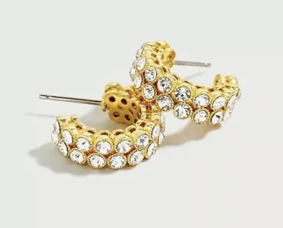 NEW J.CREW Busy Bezel Sparkle Crystal Rhinestone Gold Hoop Earrings & Dust Bag • $22