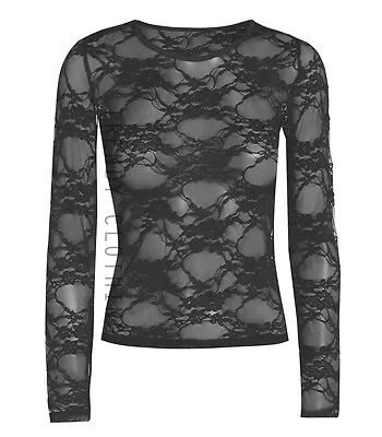 £4.49 • Buy New Ladies Long Sleeve Sheer Floral Lace Womens Top T-Shirt Sizes 8-26