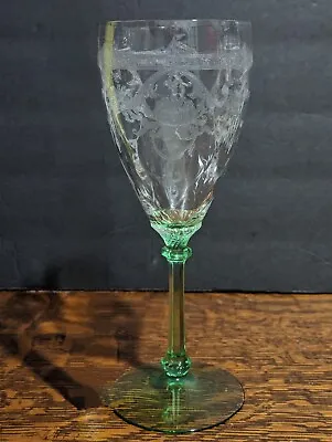 RARE HEISEY Old Dominion WATER GOBLET - Moongleam Green Stem -  Empress Etching  • $57