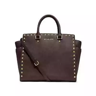 Michael Kors Selma Large Stud Satchel Handbag Coffee Brown Leather $428 EXC! • $114.99