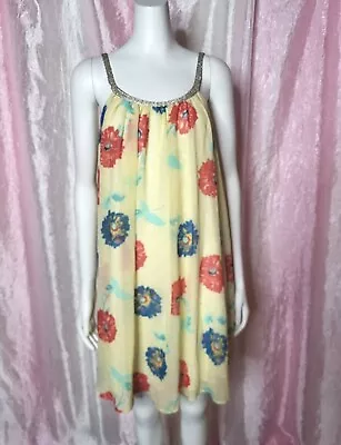 New Charming Charlie Yellow Floral Summer Dress W Rhinestone Colar Size Large  • £28.93