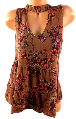 Mossimo Brown Floral Print Crinkle Keyhole Sleeveless Top XL • $14.99
