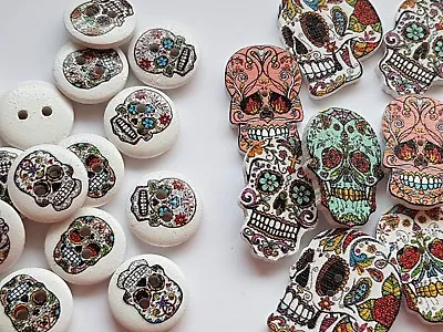 Pk 20 / 10 Wooden Skull Buttons Mexican Sugar Skull Day Of The Dead Halloween Uk • £2.95