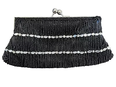 Vintage Beaded Purse Black Sliver Bag Handmade Seed Clutch Kiss Moni Couture • $12.44