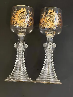 Antique Pair Moser Bohemian Gold Gilt Wine Goblet Glass Tiered Ribbed Stem • $199