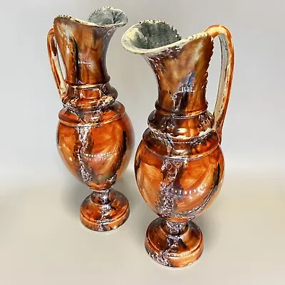 1940s Glossy Mexican Oaxaca AMBER Dripware TALL MANTLE URNS X 2 • $99.50