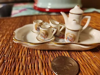 Miniature Porcelain Dollhouse Tea Set Gold Trim And Tray With Victorian Scene • $14