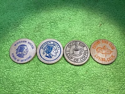 4 Wooden Nickels - Restaurant/ Coin Clubs / Drug Company • $1.75