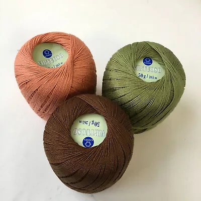 Three Full Balls Of Crochet Cotton Coats 'virtuoso' Olive Green Salmon Brown • £6