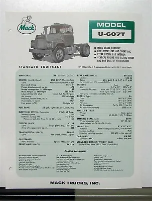 1967 Mack Truck Model U 607T Specification Sheet • $10.58