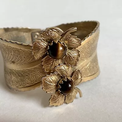 Vintage Tigerstone Gold Toned Clamp Cuff Bracelet Leaf Floral • $62.04