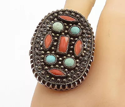 MIDDLE EASTERN 925 Silver - Vintage Turquoise & Coral Twist Ring Sz 8.5 - RG7036 • $99.99