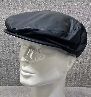 A. Adams & Spire Leather Hat Mens Medium Cabbie Newsboy Cap Black Lined Snap • $16.99